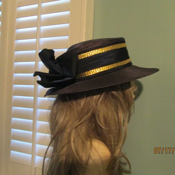 Eric Javits Black Straw Hat Gold Trim Bow Back main image 7